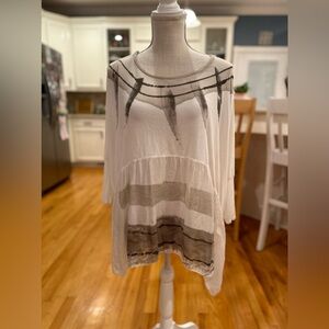 Scandal white glittered feather print silk blend tunic top